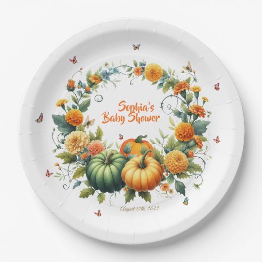 かわいいフローラオレンジグリーンカボチャ赤ちゃんシャワー ペーパープレート (正面)