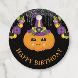 かわいいフローラカボチャとグリッターハロウィン誕生日 フェイバータグ