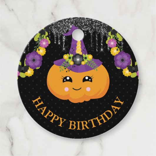 かわいいフローラカボチャとグリッターハロウィン誕生日 フェイバータグ (正面)