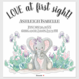 かわいいフローラガーデンベビーエレファントガール誕生統計 シール