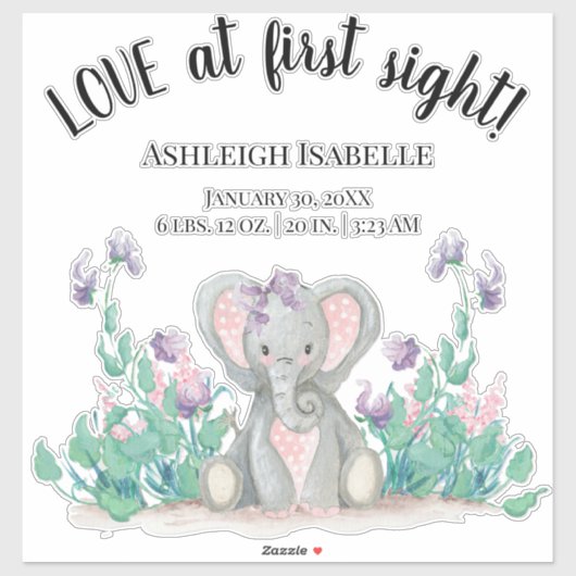 かわいいフローラガーデンベビーエレファントガール誕生統計 シール (シート)