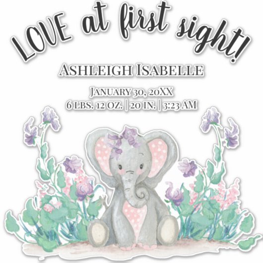 かわいいフローラガーデンベビーエレファントガール誕生統計 シール (正面)