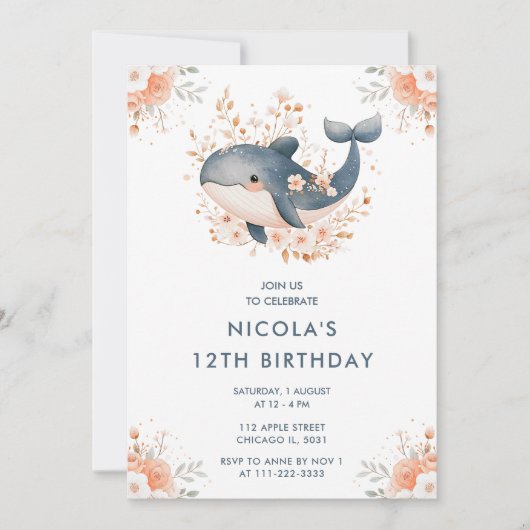 かわいいフローラクジラ誕生日パーティー 招待状 (正面)