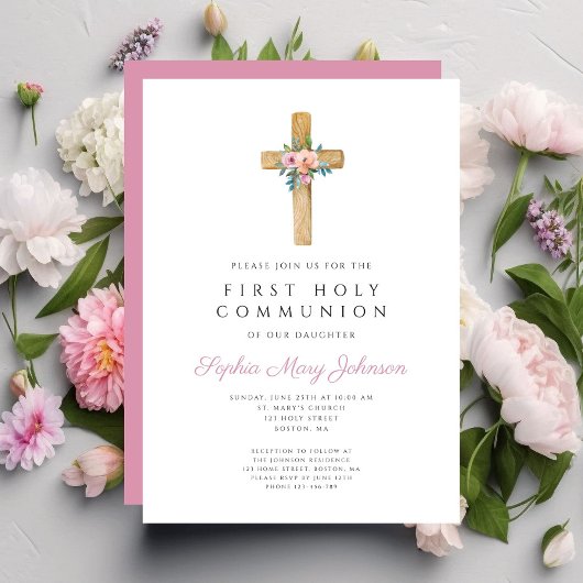 かわいいフローラクロスガールファースト聖餐式 招待状