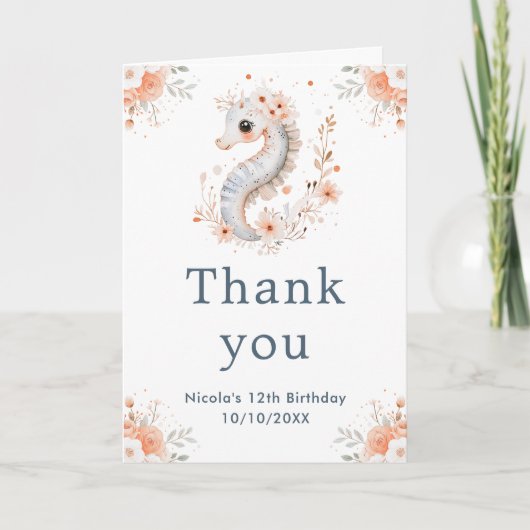 かわいいフローラシーホース誕生日パーティー サンキューカード (正面)