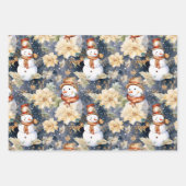 かわいいフローラシーン冬の雪だるまブルーウォーター色 ラッピングペーパーシート (正面3)