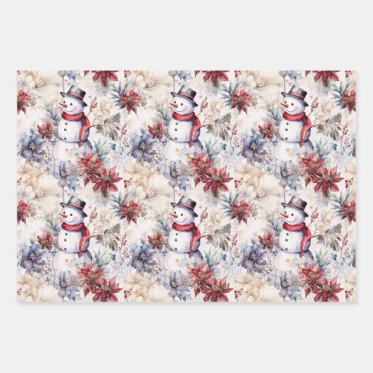 かわいいフローラシーン冬の雪だるまブルーウォーター色 ラッピングペーパーシート (正面2)