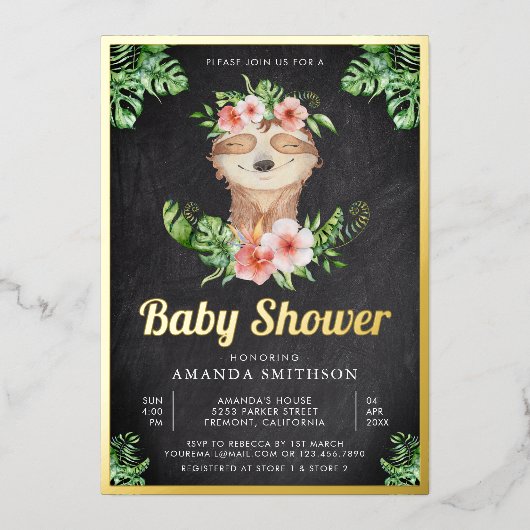かわいいフローラスロスガールシャルボードベビーシャワー金ゴールド 箔招待状 (正面)