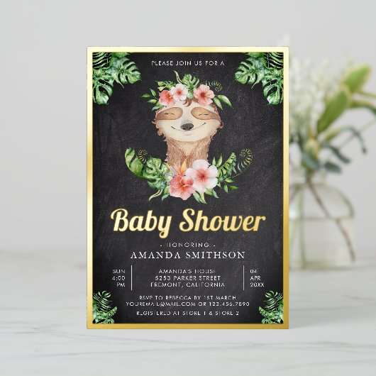 かわいいフローラスロスガールシャルボードベビーシャワー金ゴールド 箔招待状 (立ち正面)