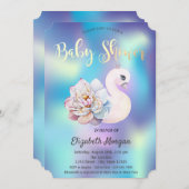 かわいいフローラスワンのホログラフィックベビーシャワー 招待状 (正面/裏面)