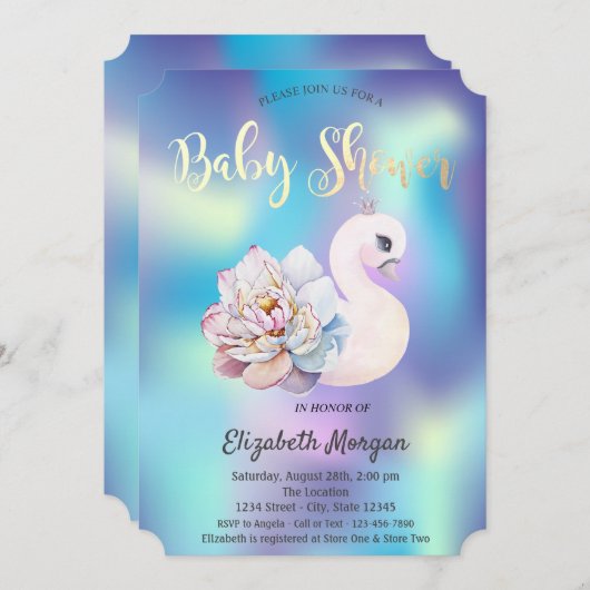 かわいいフローラスワンのホログラフィックベビーシャワー 招待状 (正面/裏面)