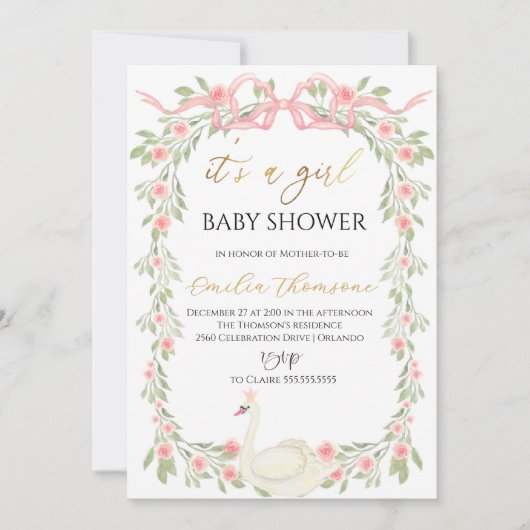 かわいいフローラスワンズン赤面ピンクリボンベビースシャワー 招待状 (正面)