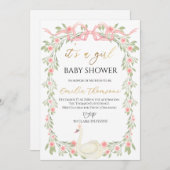 かわいいフローラスワンズン赤面ピンクリボンベビースシャワー 招待状 (正面/裏面)