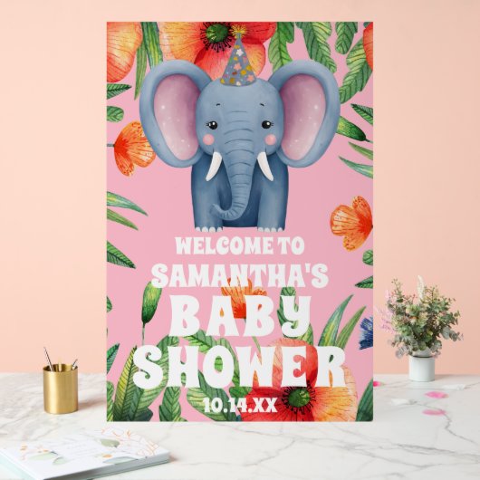 かわいいフローラゾウピンクの赤ちゃんシャワーへようこそ アクリルサイン (ウェディング)