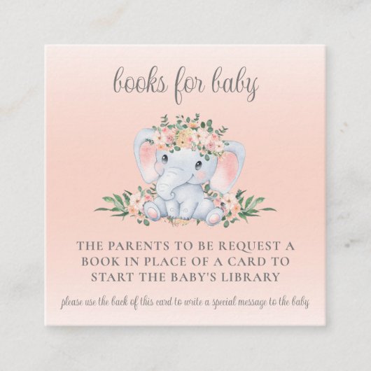 かわいいフローラゾウ赤ちゃんシャワーブックリクエスト エンクロージャーカード (正面)
