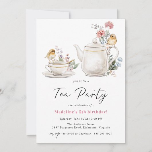 かわいいフローラティーポット |ガールズティーパーティー誕生日 招待状 (正面)