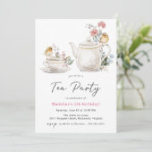かわいいフローラティーポット |ガールズティーパーティー誕生日 招待状 (スタンド正面)