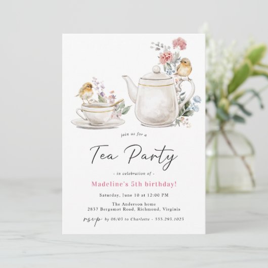 かわいいフローラティーポット |ガールズティーパーティー誕生日 招待状 (スタンド正面)