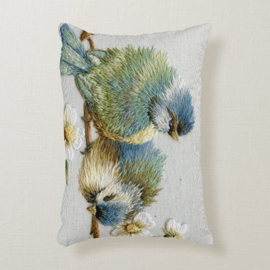 かわいいフローラティール(緑がかった色)ミントグリーン刺繍バード アクセントクッション (正面(垂直))