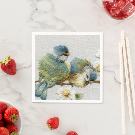 かわいいフローラティール(緑がかった色)ミントグリーン刺繍バード スタンダードカクテルナプキン (インサイチュ)