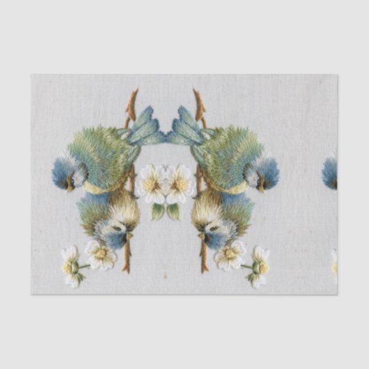 かわいいフローラティール（緑がかった色）ミントグリーン刺繍バード 薄葉紙 (正面)