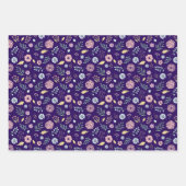 かわいいフローラティール（緑がかった色）紫ブラウンピンクボホパターン ラッピングペーパーシート (正面3)