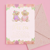 かわいいフローラテディベア高茶ベビーシャワー 箔招待状