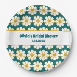 かわいいフローラデイジーパターンマスタードとティール（緑がかった色）ブルーパ ペーパープレート