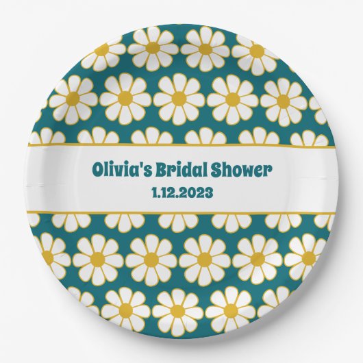 かわいいフローラデイジーパターンマスタードとティール（緑がかった色）ブルーパ ペーパープレート (正面)