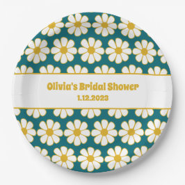 かわいいフローラデイジーパターンマスタードとティール（緑がかった色）ブルー ペーパープレート