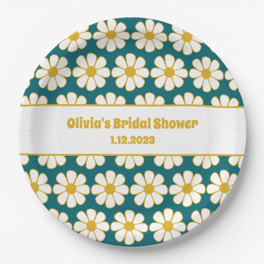 かわいいフローラデイジーパターンマスタードとティール(緑がかった色)ブルー ペーパープレート (正面)