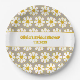 かわいいフローラデイジーパターンマスタードホワイトグレー ペーパープレート