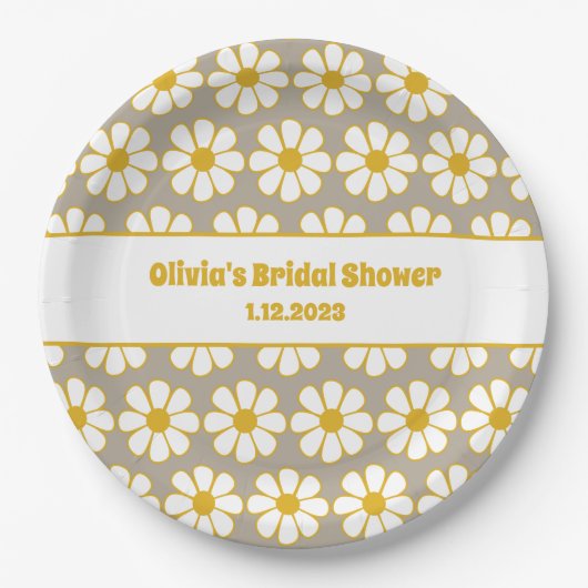 かわいいフローラデイジーパターンマスタードホワイトグレー ペーパープレート (正面)