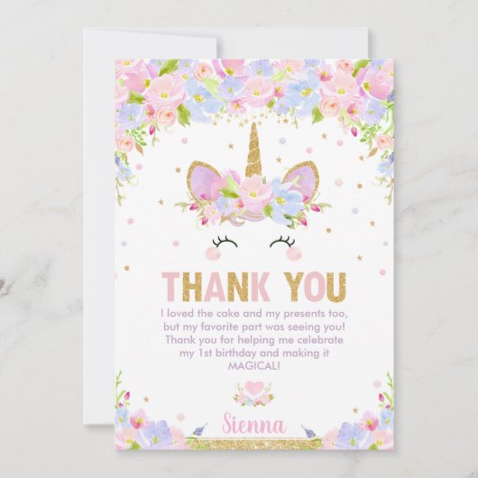 かわいいフローラハッピー·ユニコーン·ガール1歳の誕生日パーティー サンキューカード (正面)