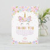 かわいいフローラハッピー·ユニコーン·ガール1歳の誕生日パーティー サンキューカード (スタンド正面)
