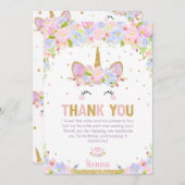 かわいいフローラハッピー·ユニコーン·ガール1歳の誕生日パーティー サンキューカード (正面/裏面)