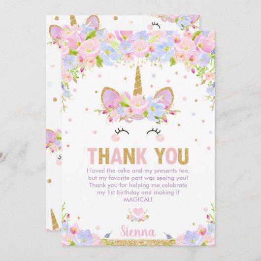 かわいいフローラハッピー·ユニコーン·ガール1歳の誕生日パーティー サンキューカード (正面/裏面)