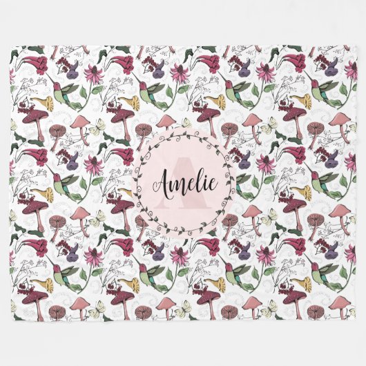 かわいいフローラハミングバードガーデン フリースブランケット (正面(横))