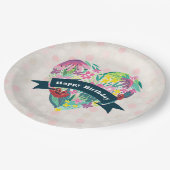 かわいいフローラハートと熱帯花誕生日 ペーパープレート (アングル)