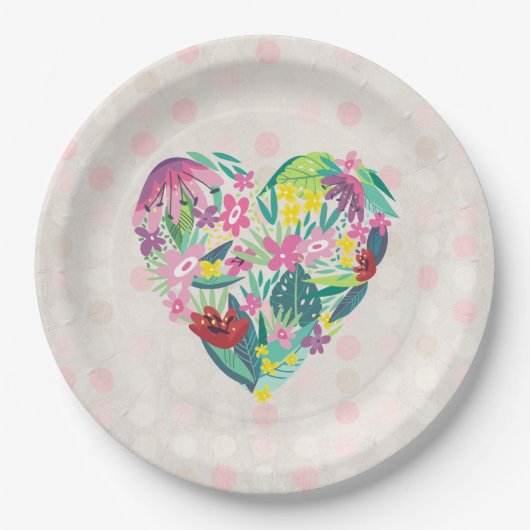 かわいいフローラハートと熱帯花誕生日 ペーパープレート (正面)