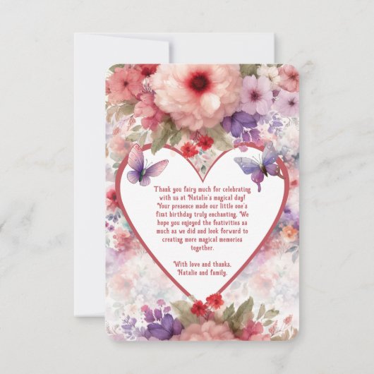 かわいいフローラバタフライガーデンフェアリー最初の誕生日 サンキューカード (裏面)