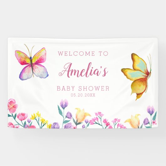 かわいいフローラバタフライピンクベビーシャワー 横断幕 (横)