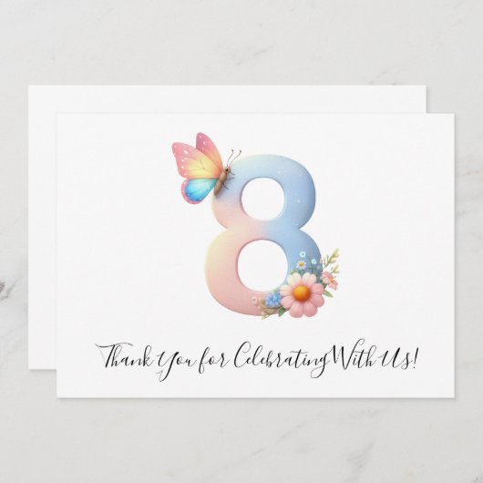 かわいいフローラバタフライ八誕生日ありがとう サンキューカード (正面/裏面)