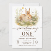 かわいいフローラバニーガールファースト誕生日パーティー 招待状 (正面)