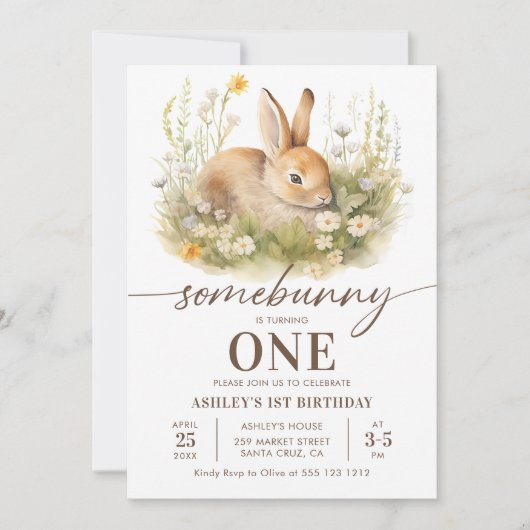 かわいいフローラバニーガールファースト誕生日パーティー 招待状 (正面)