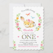 かわいいフローラバニーガール1stファーストバースデーパーティー 招待状 (正面)