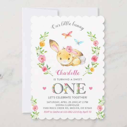 かわいいフローラバニーガール1stファーストバースデーパーティー 招待状 (正面)