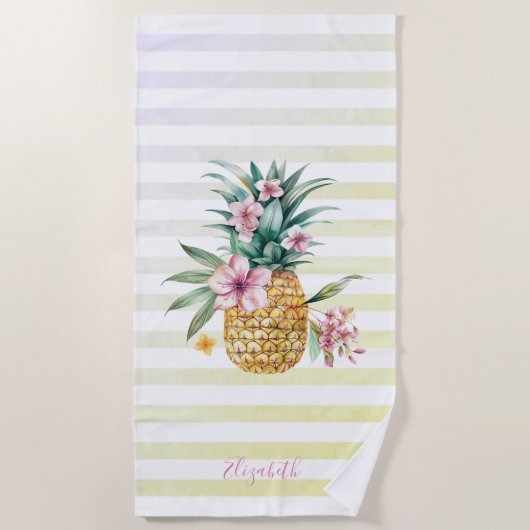 かわいいフローラパイナップルグラデーションストライプ ビーチタオル (正面)