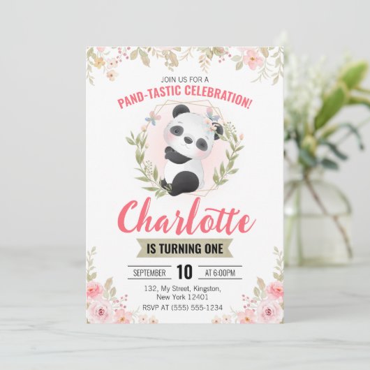 かわいいフローラパンダベアーバースデーパーティー 招待状 (スタンド正面)