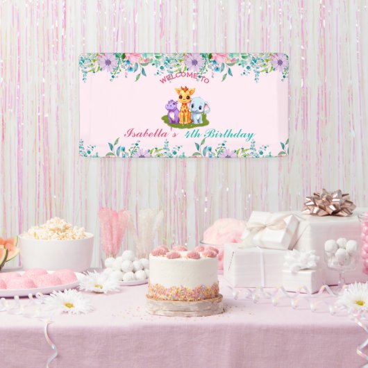 かわいいフローラヒッポサファリジャングルアニマルズ誕生日 横断幕 (パーティー)